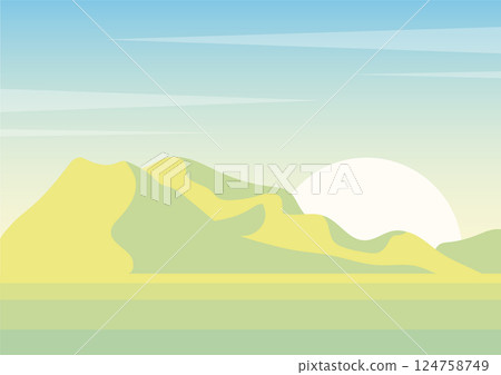 Morning desert landscape gradient dunes illustration. Eastern Africa travel poster. Morning panoramic sunrise 124758749