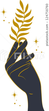 Hand holding herb sticker. Halloween alchemy witch icon. Aesthetic bohemian artwork. Witchcraft icon Hand holding herb sticker. Halloween alchemy witch icon. Aesthetic bohemian artwork. Witchcraft icon 124758760