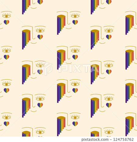 Pride parade face with rainbow flag. LGBTQ seamless pattern. Pride Month multi colored fun backdrop 124758762