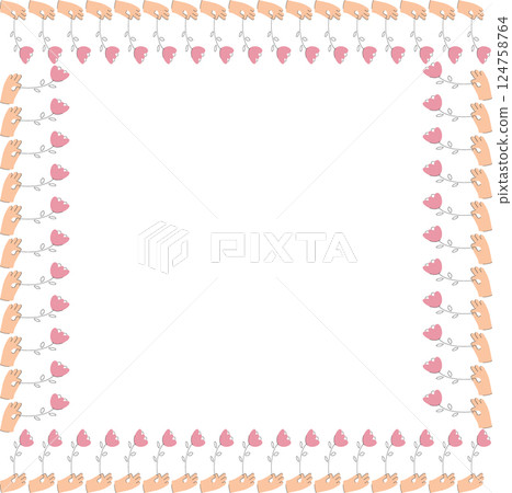 Flourish frame decoration. Hand with pink tulip border. Flower square frame for International Women's Day 124758764