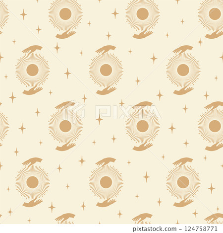 Aesthetic illustrations seamless pattern with sun. Beige pattern with hands holding sun. Halloween, Mubarak 124758771