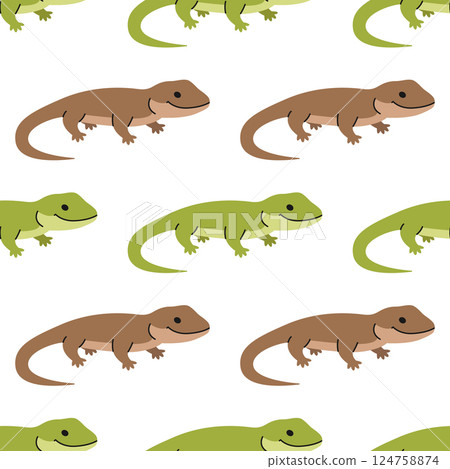 Seamless pattern with green and brown lizards on white background. Cute reptile. Geckos. Pet, exotic animal. Zoo, wild nature. Vector flat illustration for wallpaper, textile, packaging 124758874