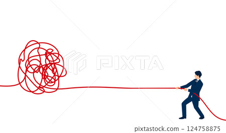 Business challenges and solutions - illustration of a man pulling tangled threads, vector 124758875