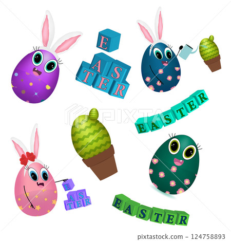 Cute Easter Eggs with Bunny Ears and Letter Blocks 124758893