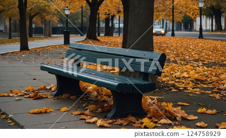Park Bench Amid Golden Autumn Leaves Along a Quiet Urban Pathway Park Bench Amid Golden Autumn Leaves Along a Quiet Urban Pathway 124758929