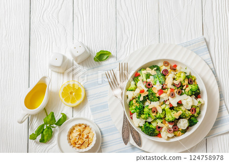 Italian Broccoli Cauliflower Salad in a white bowl Italian Broccoli Cauliflower Salad in a white bowl 124758978