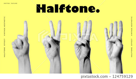Halftone Effect Illustration of Four Hands Showing Different Finger Gestures in Vintage Pop Art Style Halftone Effect Illustration of Four Hands Showing Different Finger Gestures in Vintage Pop Art Style 124759129