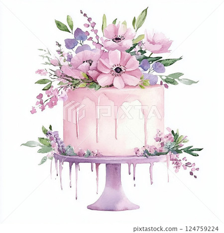 Watercolor pink cake with cream drips and flowers. Pastry picture for design on white background 124759224