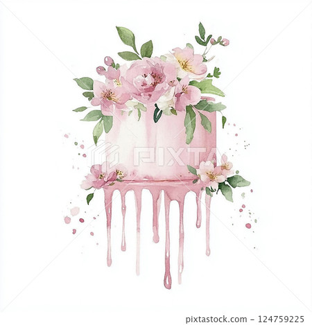 Watercolor pink cake with cream drips and flowers. Pastry picture for design on white background 124759225