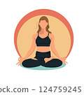 Woman faceless doing yoga exercises, practicing meditation in lotus position. International yoga day. . Vector illustration 124759245