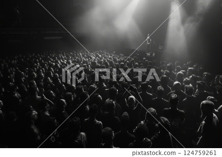 A vibrant crowd of enthusiastic fans stands closely packed in a dark concert space, eagerly anticipating the performance ahead 124759261