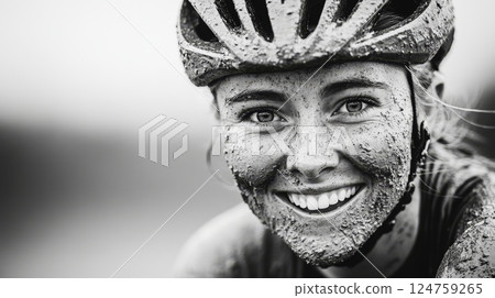 A cyclist with a beaming smile and a face covered in mud enjoys the thrill of an outdoor adventure after a rough, challenging ride 124759265