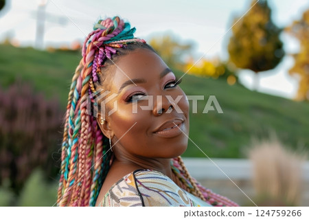 A Black woman with vibrant and long colorful braids stands confidently, radiating joy and beauty in a sunny outdoor location 124759266