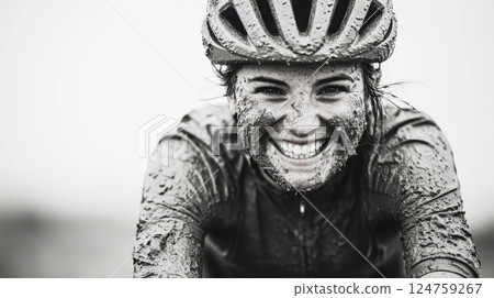 Portrait captures a joyful cyclist smiling amidst mud, showcasing resilience and passion for biking in tough conditions 124759267