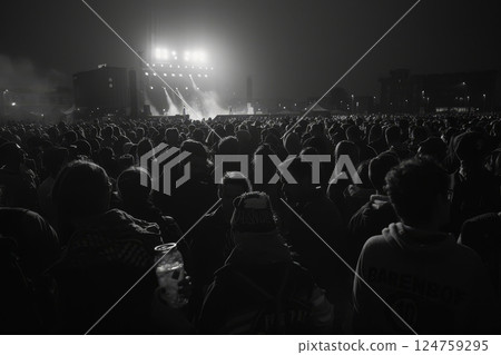 A vast audience gathers under bright stage lights at night, enjoying a live performance in a bustling city atmosphere 124759295