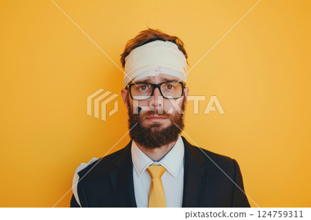 A man with a bandage on his head looks seriously at the camera while dressed in formal attire, set against a vibrant yellow background 124759311