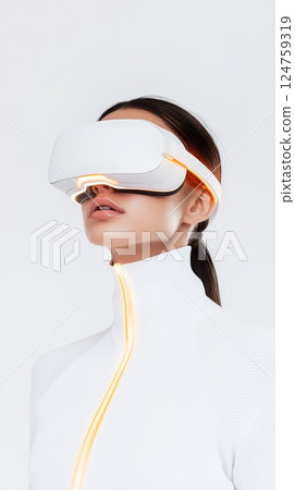 A girl engages with virtual reality technology, wearing advanced glasses in a contemporary, minimalist indoor environment 124759319