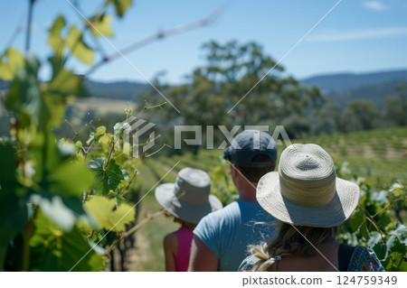 Family members explore a picturesque vineyard in Australia, surrounded by lush grapevines and scenic hills on a sunny day 124759349