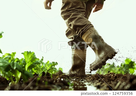 A farmer wearing rain boots navigates a muddy field, stepping carefully among green crops while the sky remains overcast 124759356