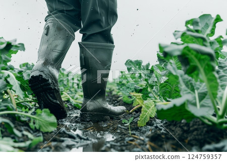 A farmer in rain boots strolls through muddy fields, caring for crops on a wet, overcast day during the growing season 124759357