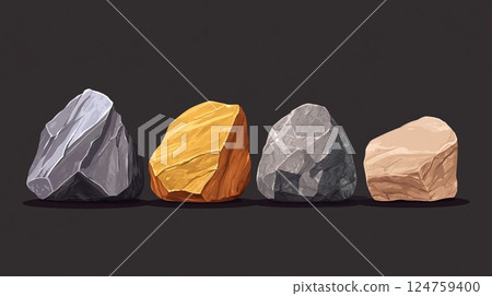 Illustration highlights various rare earth elements, each represented by different colors and textures, emphasizing their distinct properties and geology 124759400