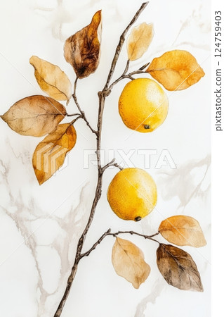 Watercolor artwork showcases a branch adorned with two bright lemons and dry autumn leaves, set against a clean, white backdrop, highlighting natural beauty 124759403