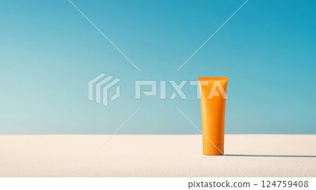 An orange tube of sunscreen stands upright on a white surface, reflecting the vibrant sunlight against a clear blue sky, ideal for summer activities 124759408
