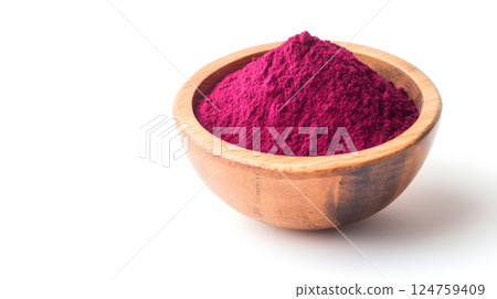 Beetroot extract powder is displayed in a wooden bowl against a clean white backdrop, highlighting its vibrant color and potential health benefits 124759409