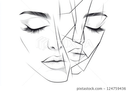 Two faces gently intertwine in a black and white line drawing, illustrating a moment of connection and emotional depth, suggesting intimacy and reflection 124759436