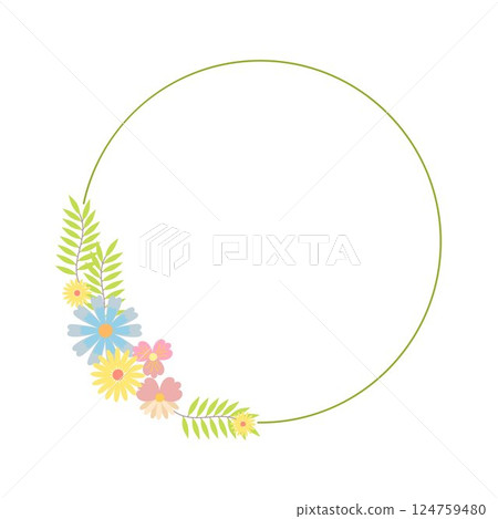 Round floral wreath of decorative whimsical flowers, leaves, simple frame design element for wedding, birthday, card, background, invitation, sticker, decoration 124759480