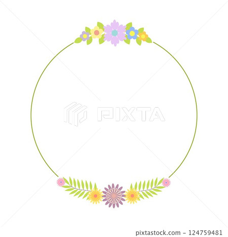Round floral wreath of decorative whimsical flowers, leaves, simple frame design element for wedding, birthday, card, background, invitation, sticker, decoration 124759481