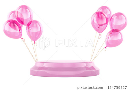 Pink podium with pink party balloons, 3D rendering 124759527
