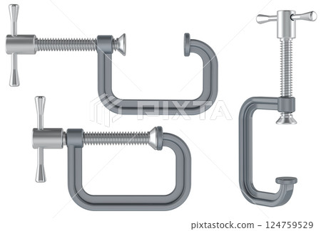 Steel C-Clamps, different views. 3D rendering 124759529