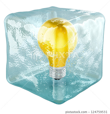 Yellow lightbulb frozen in ice cube, 3D rendering 124759531