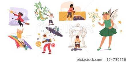 Kids dreams fantasies set with cute boy and girls cartoon characters having creative imagination Kids dreams fantasies set with cute boy and girls cartoon characters having creative imagination 124759556
