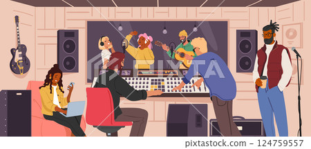 Recording studio production room workspace with musicians, singers and sound producers scene 124759557