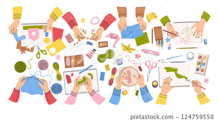 Human artist hands doing creative handwork engaged in DIY hobbies and decorative art hand-drawn set 124759558