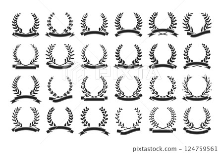 Laurel wreath black-and-white silhouette isolated set depicting decorative insignia elements 124759561
