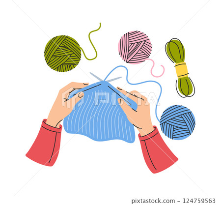 Hand-drawn hands knitting using needles 124759563