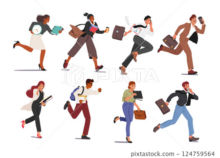Businesspeople cartoon characters rushing running work or business meeting being late isolated set 124759564