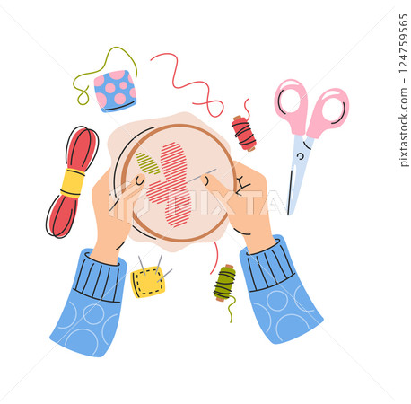 Hand-drawn hands stitching embroidery decoration 124759565