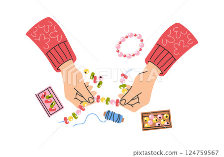 Hands making beads bracelet hand-drawn 124759567