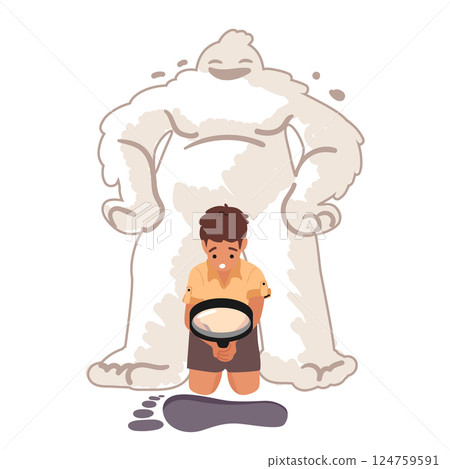 Curious boy-scout cartoon character holding huge magnifying glass researching big yeti footprint Curious boy-scout cartoon character holding huge magnifying glass researching big yeti footprint 124759591