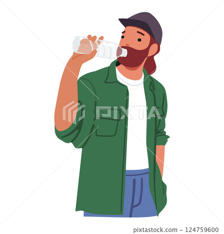 Bearded hipster guy cartoon character drinking mineral water from plastic bottle isolated on white Bearded hipster guy cartoon character drinking mineral water from plastic bottle isolated on white 124759600