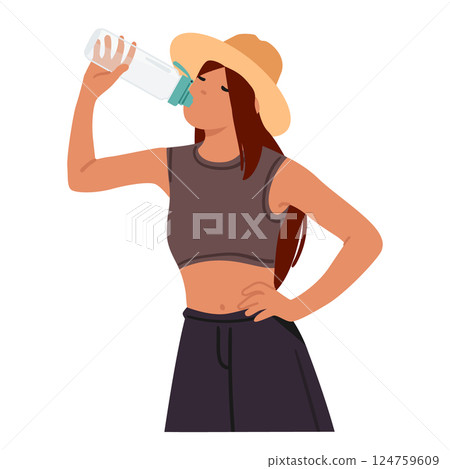 Young woman traveler cartoon character refreshing with water drinking from bottle isolated on white 124759609