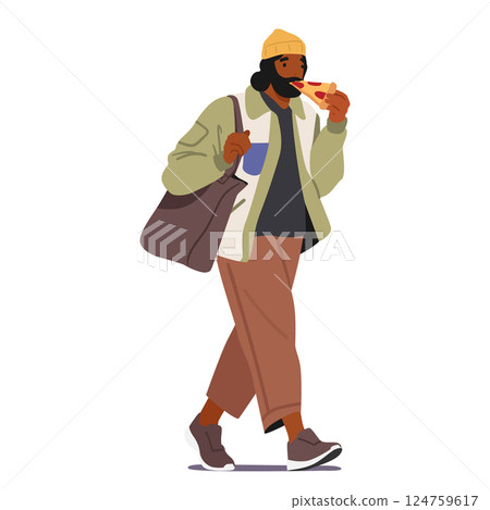 Hipster freelance guy cartoon character eating pizza slice fast food on the go isolated on white Hipster freelance guy cartoon character eating pizza slice fast food on the go isolated on white 124759617
