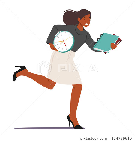Businesswoman cartoon character with clock and paper document running fast at work isolated on white 124759619