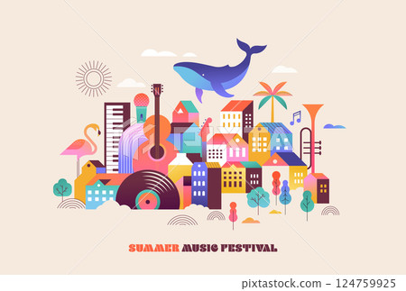 Colorful geometric summer music festival background, poster, banner. Summer time fun concept design 124759925