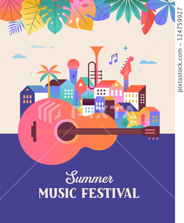 Colorful geometric summer music festival template, poster, banner. Summer time fun concept design 124759927