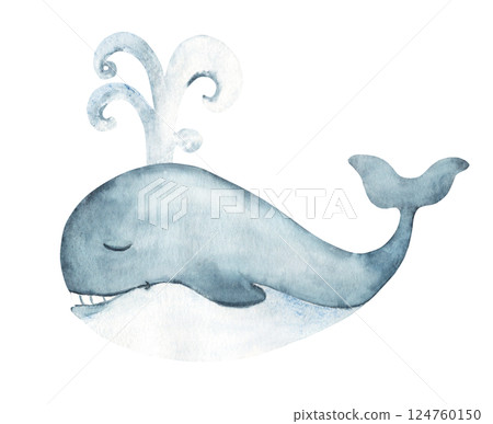Cute smiling blue Whale with a fountain. Underwater world Watercolor Hand drawn illustration isolated on white background. Sea animal for cards, posters, children textile prints. Cute smiling blue Whale with a fountain. Underwater world Watercolor Hand drawn illustration isolated on white background. Sea animal for cards, posters, children textile prints. 124760150